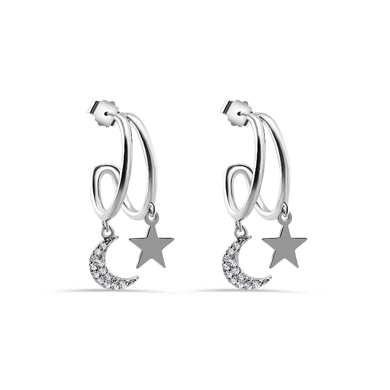 ladies earrings ornate bar-Rhodium Plated 925 Sterling Silver Moon and Star Hoop Earring - STE01383