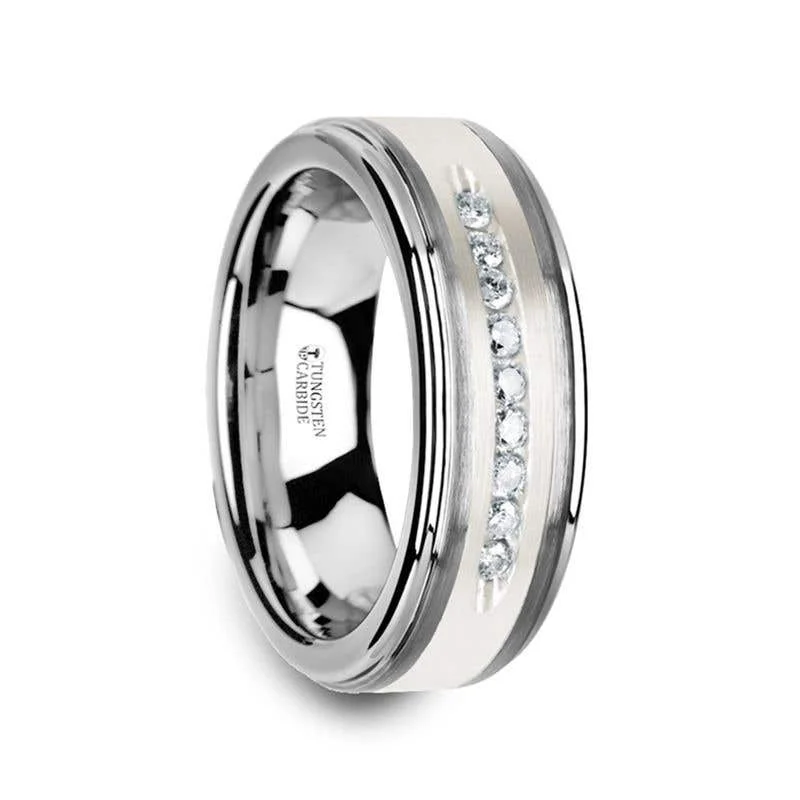 ladies ring romantic pearl-Thorsten HARPER Tungsten Wedding Band with Raised Center & Brushed Silver Inlay and 9 Channel Set White Diamonds - 8mm