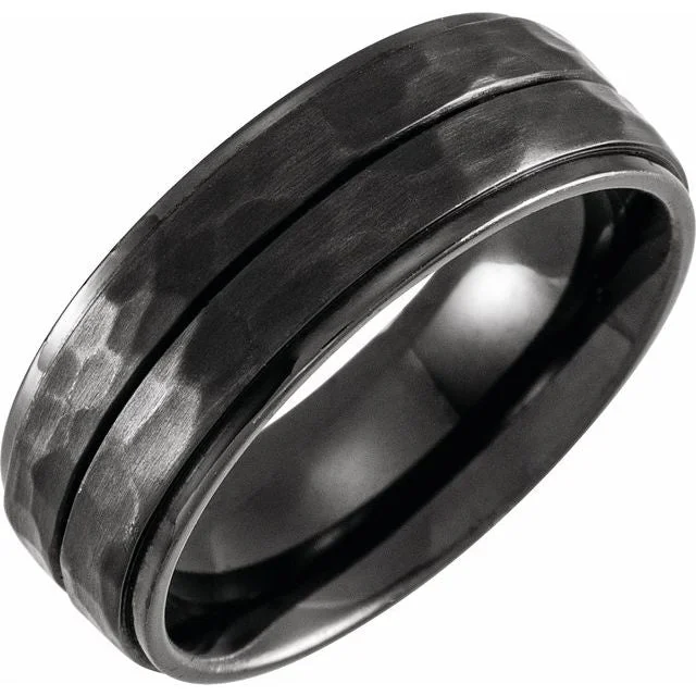 ladies ring slim oval cut-Black Titanium 8 mm Grooved Flat Edge Band