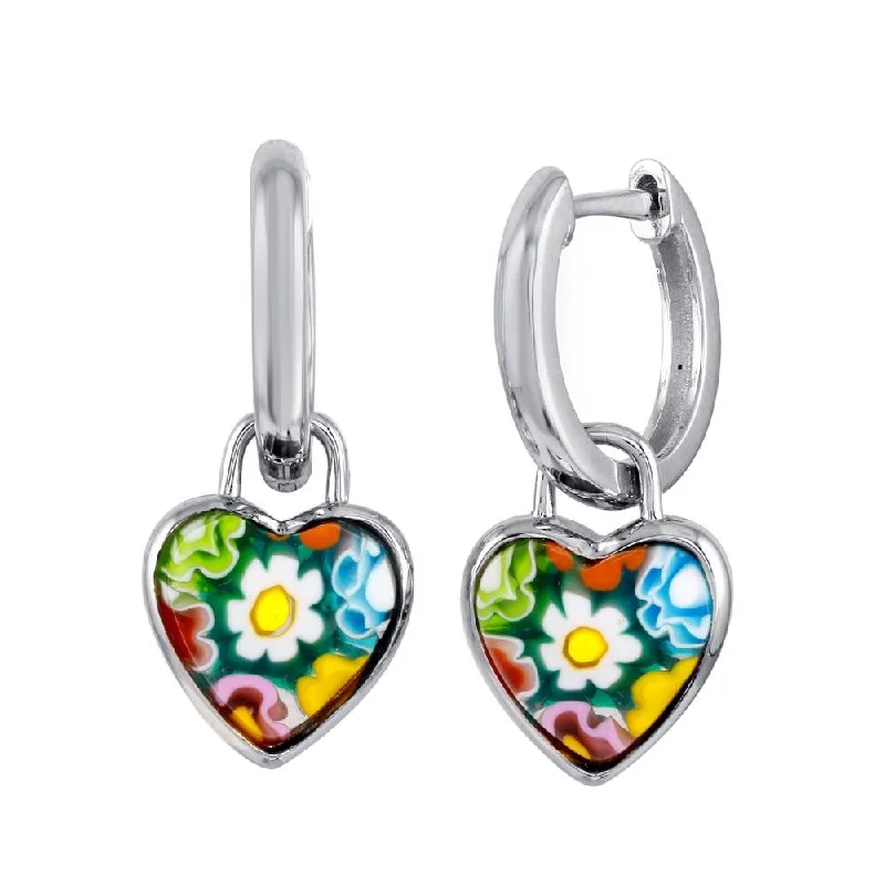 ladies earrings luxury climber-Rhodium Plated 925 Sterling Silver Murano Glass Heart Shaped huggie hoop Earring - ME00001