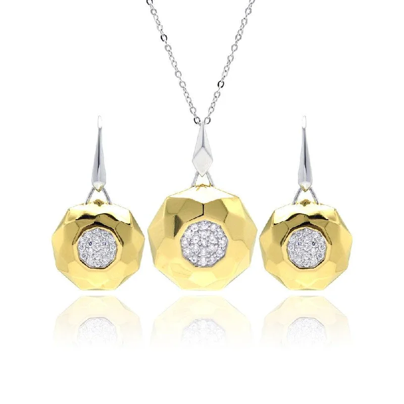 ladies earrings zodiac cluster-Silver 925 Rhodium and Gold Plated Hammered Circle Clear Pave Set CZ Leverback Earring and Necklace Set - BGS00129