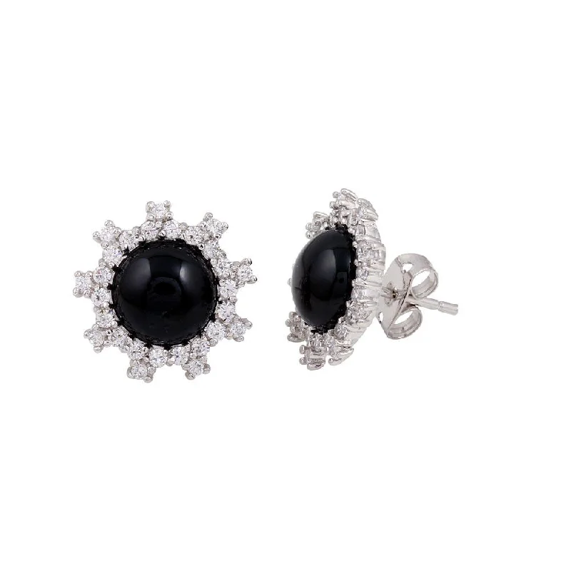 ladies earrings custom chain-Rhodium Plated 925 Sterling Silver Black Flower Stud Earrings with CZ - BGE00428