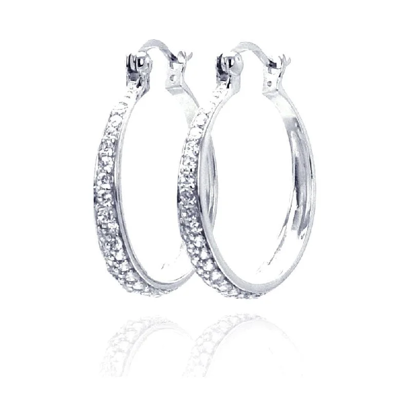 ladies earrings polished pearl-Silver 925 Rhodium Plated CZ Hoop Earrings - STE00247