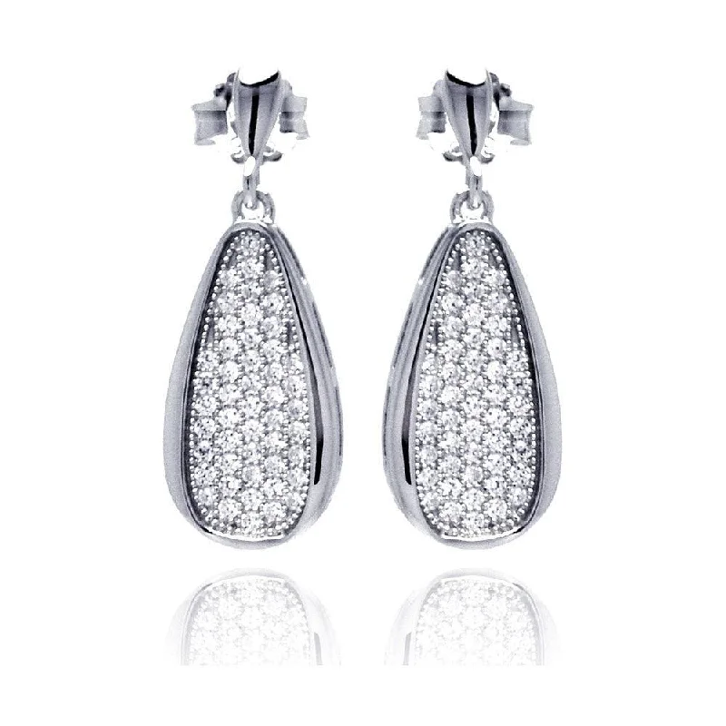 ladies earrings birthstone onyx-Silver 925 Rhodium Plated Micro Pave Clear Teardrop CZ Dangling Stud Earrings - ACE00057