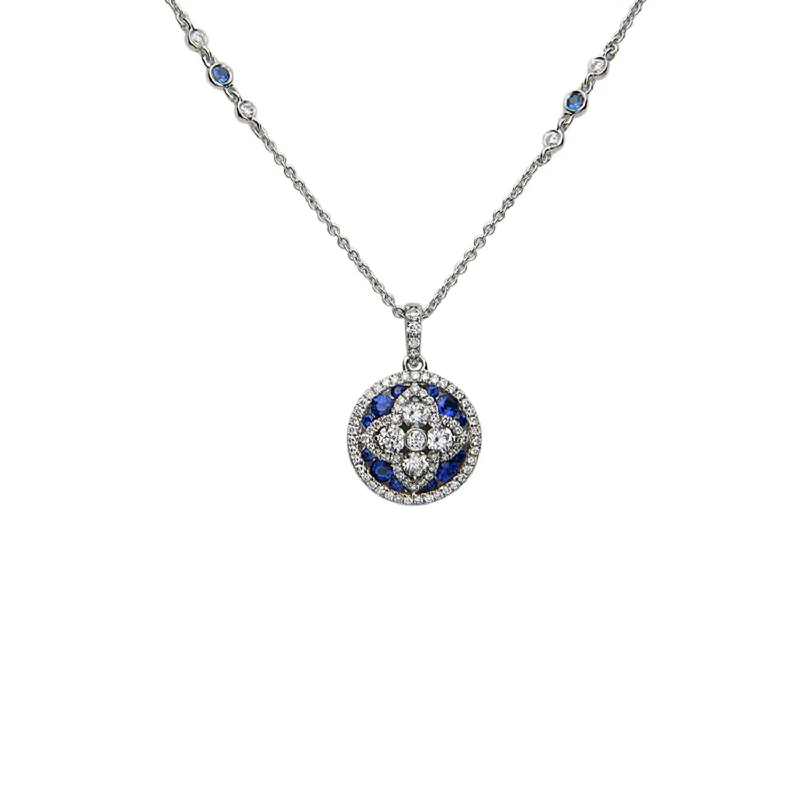 Ladies necklaces intricate contour designs-16" Blue Sapphire & Diamond Pendant Necklace | M10270038