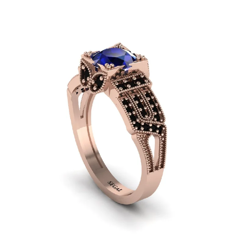 ladies engagement ring shell radiant cut-Sapphire Milgrain Gold Engagement Ring - Lyric No. 44