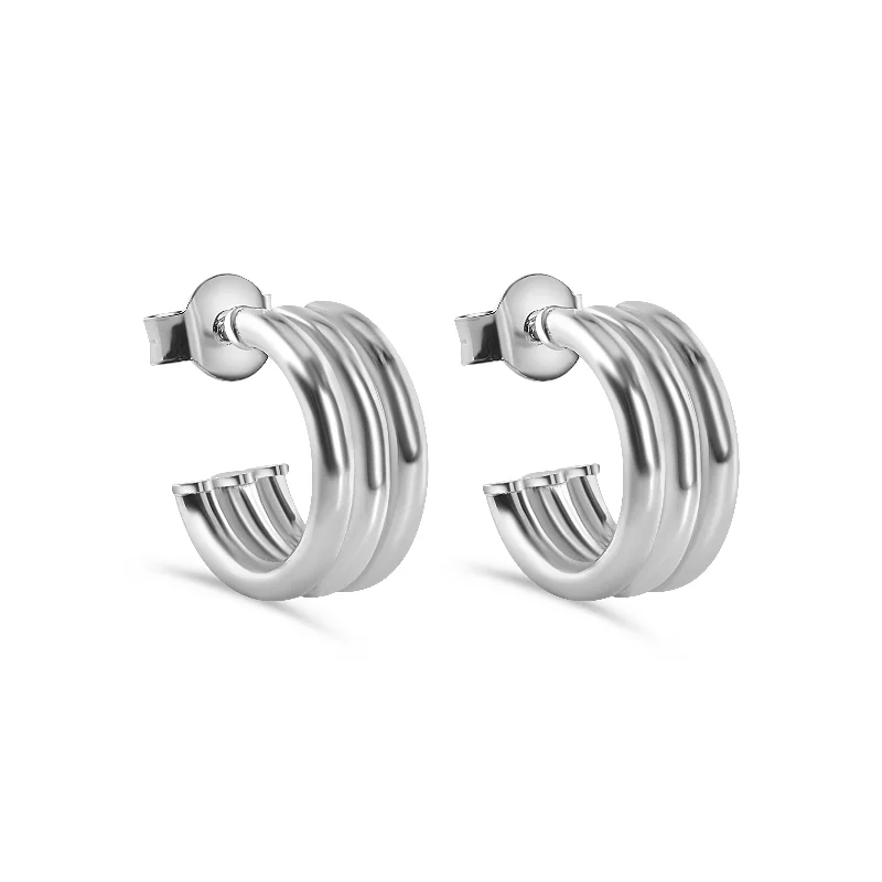 ladies earrings elegant short-Rhodium Plated 925 Sterling Silver Triple Semi Hoop Stud Earring - ARE00044RH