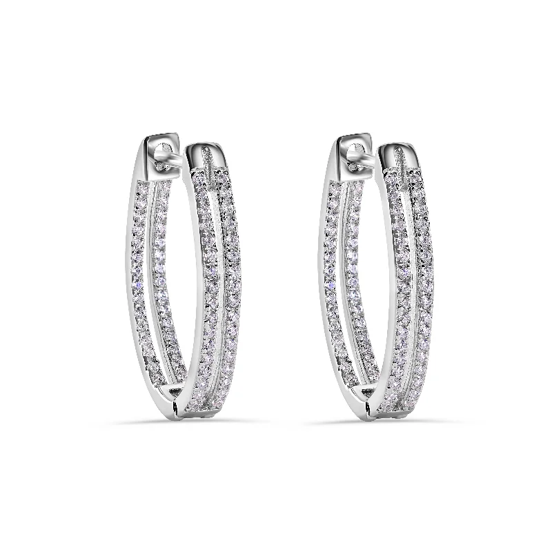 ladies earrings fall rose quartz-Rhodium Plated 925 Sterling Silver Pave Double Clear CZ Hoop Earring - STE01387