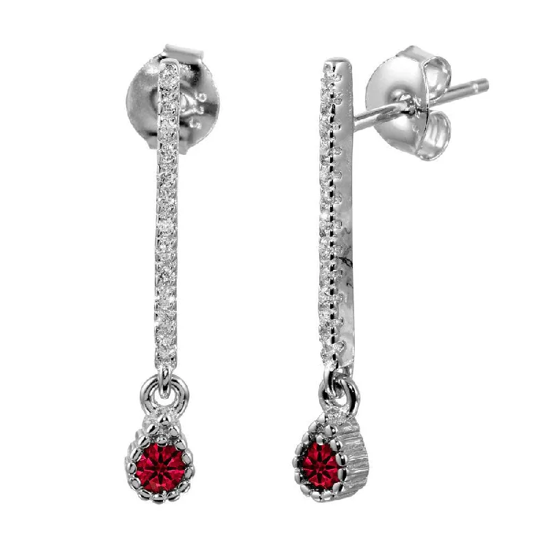 ladies earrings sculpted turquoise-Rhodium Plated 925 Sterling Silver Red CZ Bar Drop Earrings - BGE00557RED