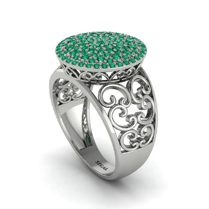 ladies engagement ring hammered tension-Emerald Signet Filigree Pave Engagement Ring - Rylie No. 6