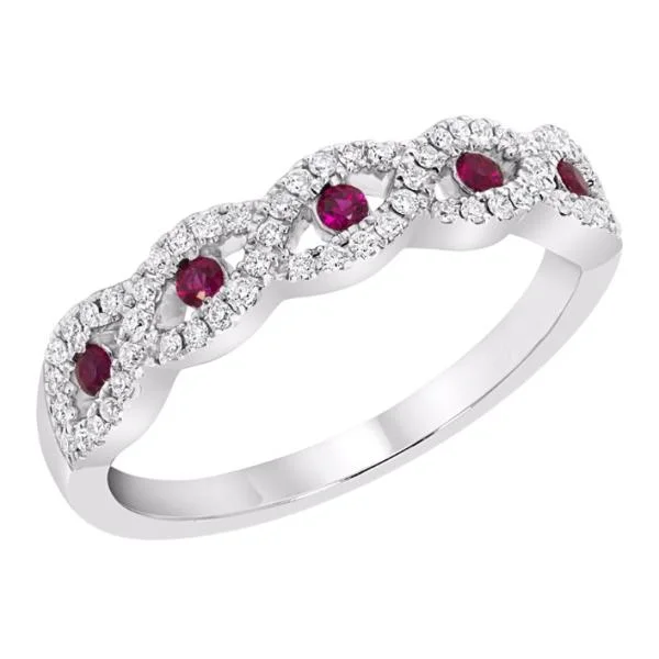 ladies ring birthstone eco-friendly-14k White Gold Ruby & Diamond Infinity Twist Anniversary Band