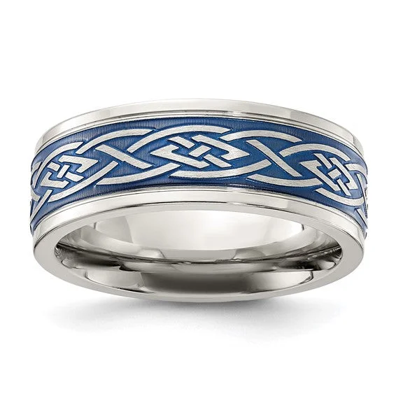 ladies ring beach holiday-Stainless Steel Polished Blue IP-plated Celtic Design 8mm Band