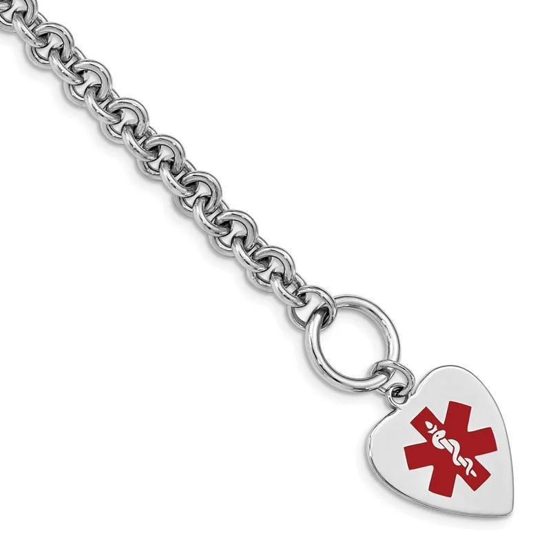 Ladies bracelets ceramic crafted styles-Sterling Silver RH-pltd Engraveable Enamel Heart Medical ID Bracelet