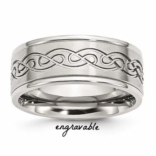 ladies ring boho onyx-Stainless Steel Scroll Design 9mm Brushed & Polished Ridged Edge Band