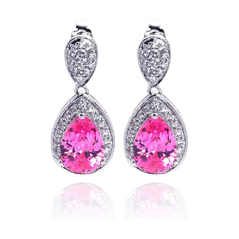 ladies earrings gothic amethyst-Silver 925 Rhodium Plated Pink Teardrop and Clear CZ Dangling Stud Earrings - STE00670PNK