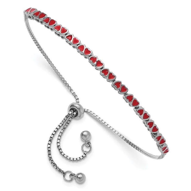 Ladies bracelets eye-catching designs-Sterling Silver Rhodium-plated Enameled Hearts Adjustable Bracelet