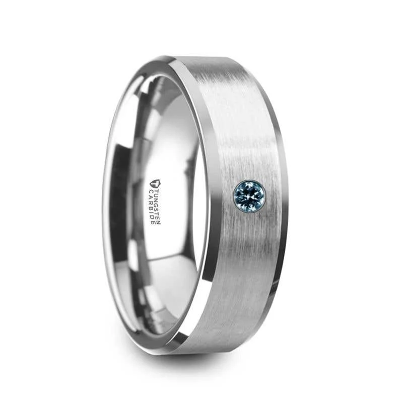 ladies ring intricate turquoise-Thorsten MOORE Flat Brushed Center Polished Beveled Edges Men’s Tungsten Wedding Band with Blue Diamond Setting - 6mm & 8mm