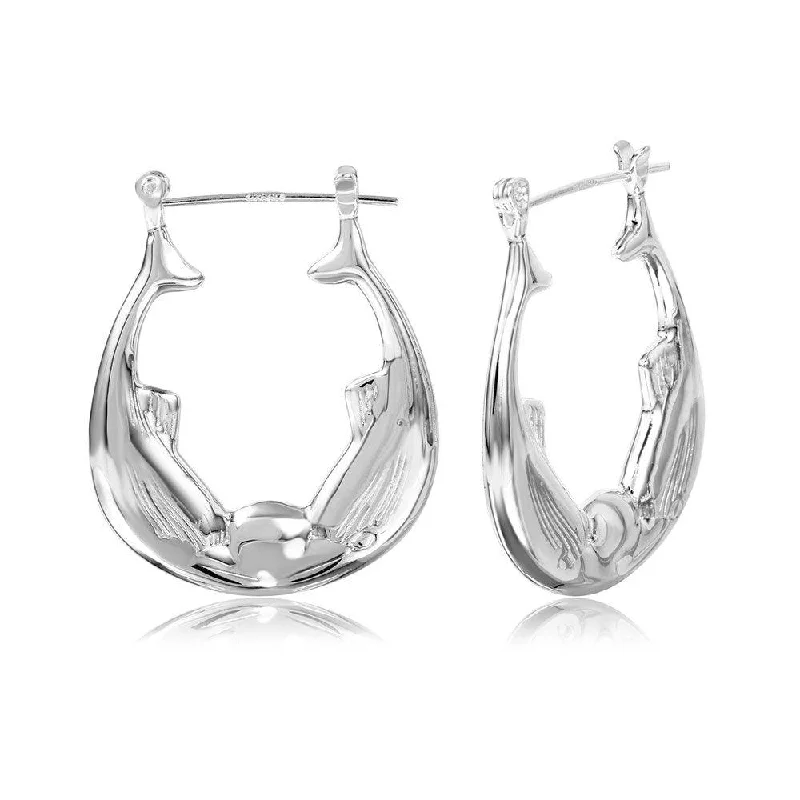 ladies earrings initial crawler-Silver 925 High Polished Double Fish Hoop Earrings - STE00786