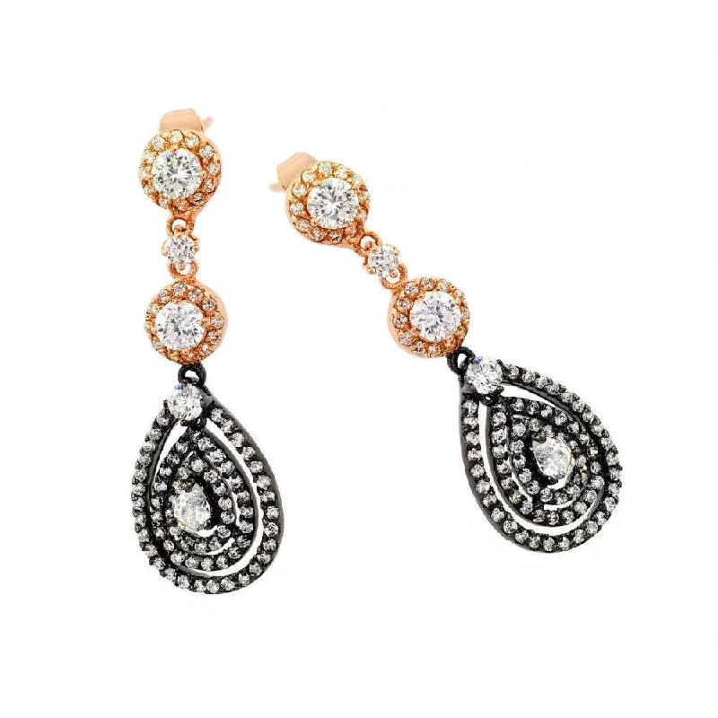 ladies earrings animal layered-Silver 925 Rose Gold and Black Rhodium Plated Teardrop Round CZ Dangling Stud Earrings - BGE00285