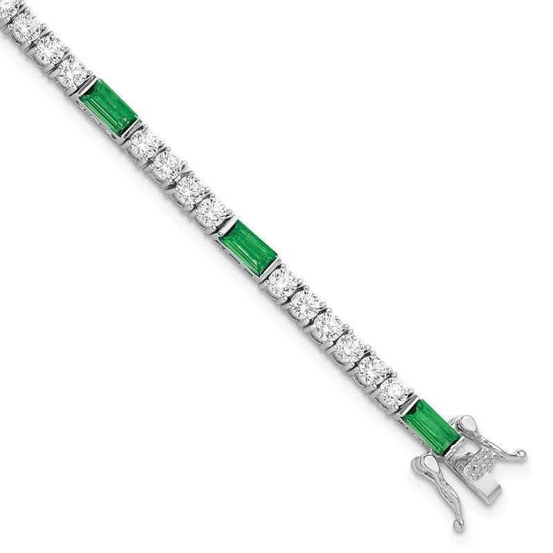 Ladies bracelets high investment value-Sterling Silver Rhodium-plated Green and White CZ 7.25 inch Tennis Bracelet