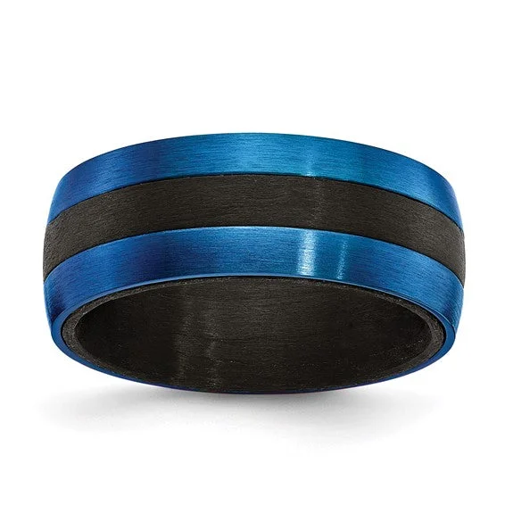 ladies ring satin platinum-Black Carbon Fiber with Brushed Blue IP-plated Stainless Steel 8mm Band