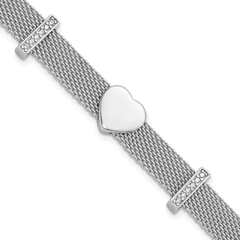 Ladies bracelets party wear glamour-Sterling Silver Rhodium-plated Mesh CZ Heart 6.75in Bracelet