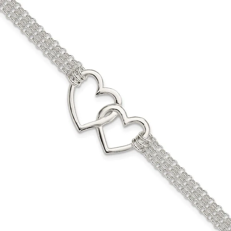 Ladies bracelets romantic era designs-Sterling Silver Polished 3-strand w/.5in. Ext. Heart Bracelet