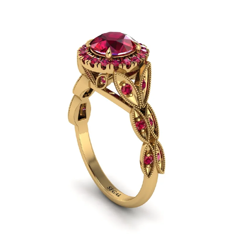 ladies engagement ring affordable multi-stone-Ruby Halo Nature Inspired Leaf Engagement Ring - Alessandra No. 55