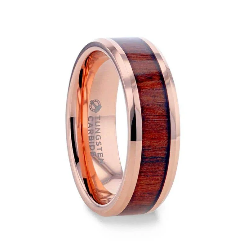 ladies ring glossy gold-Thorsten DYLAN Rose Gold Plated Koa Wood Inlaid Tungsten Wedding Band With Beveled Polished Edges - 8mm