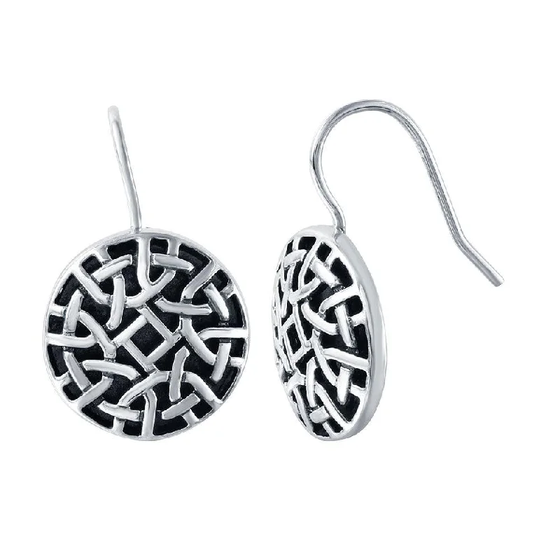 ladies earrings unique oval-Silver 925 Rhodium Plated Patterned Circle Hook Earrings - STE00723