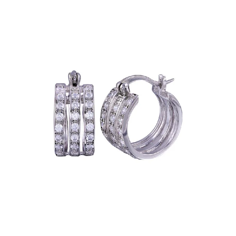 ladies earrings affordable crawler-Rhodium Plated 925 Sterling Silver 3 Row huggie hoop Earrings - STE00688