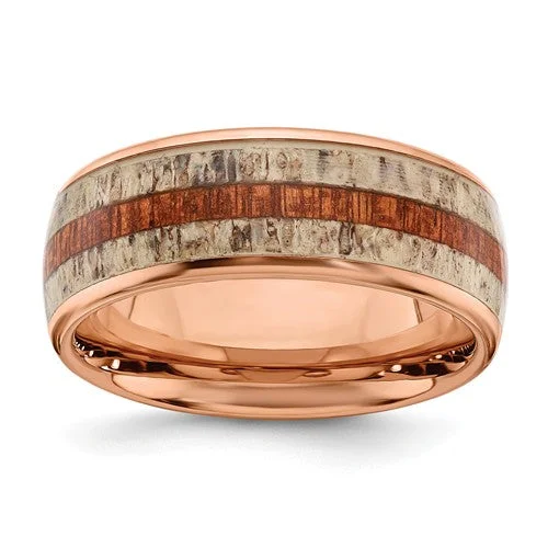 ladies ring celestial ethical-Stainless Steel Rose Gold IP With Wood And Antler Inlay 8mm Band