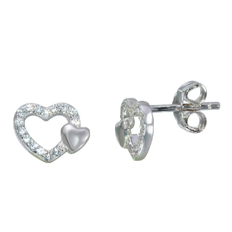 ladies earrings polished huggie-Rhodium Plated 925 Sterling Silver Open Mini Heart Earrings with CZ - STE01113