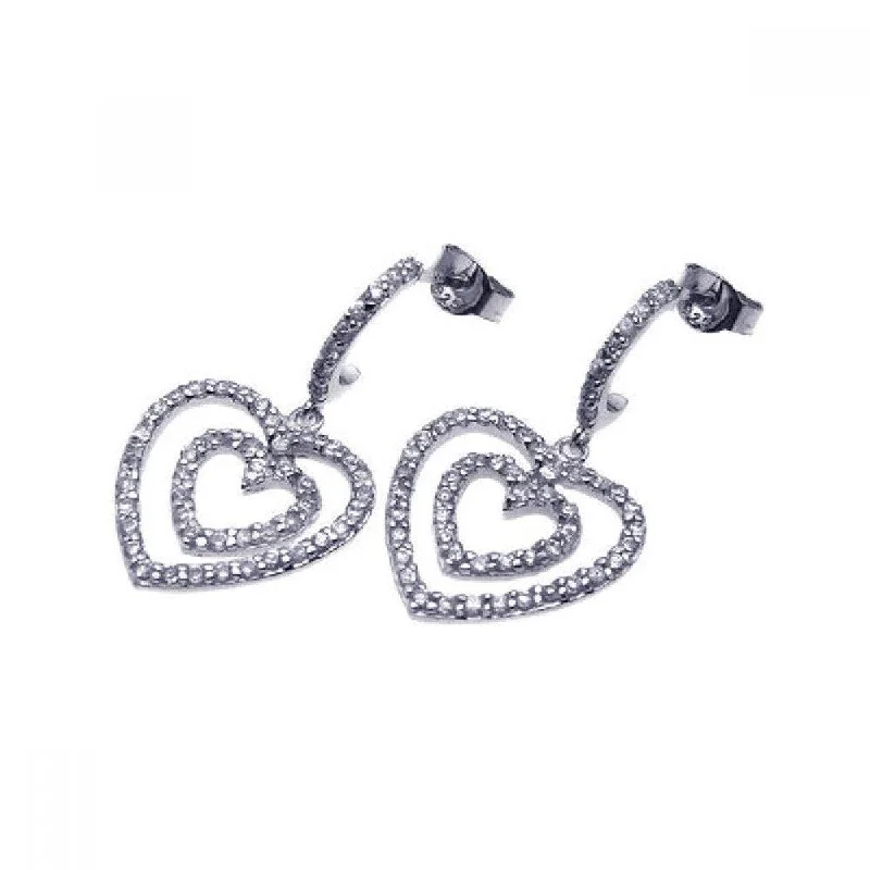 ladies earrings initial huggie-Clearance-Silver 925 Rhodium Plated Graduated Two Heart CZ Dangling Semi-Hoop Earrings - STE00486