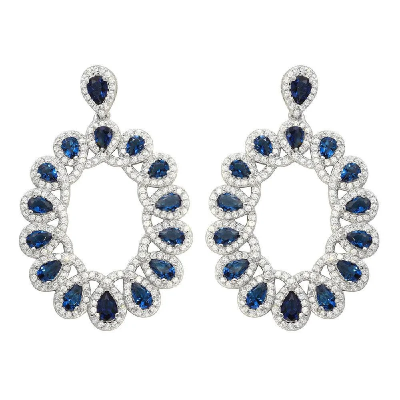 ladies earrings romantic gold-Rhodium Plated 925 Sterling Silver Open Oval Blue and Clear CZ Hanging Earrings - GME00106-BLU