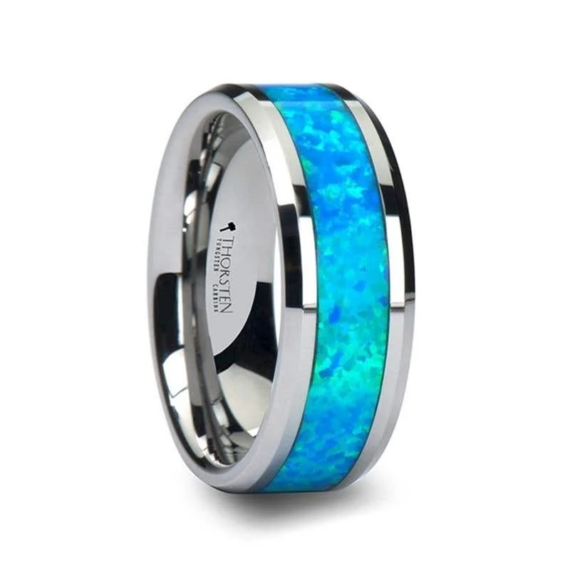 ladies ring exclusive rose quartz-Thorsten QUASAR Tungsten Wedding Band with Blue Green Opal Inlay - 4mm - 10mm