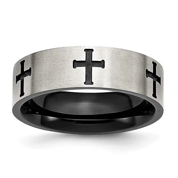 ladies ring smooth ruby-Stainless Steel Brushed Polished Black IP-plated Crosses 7mm Band