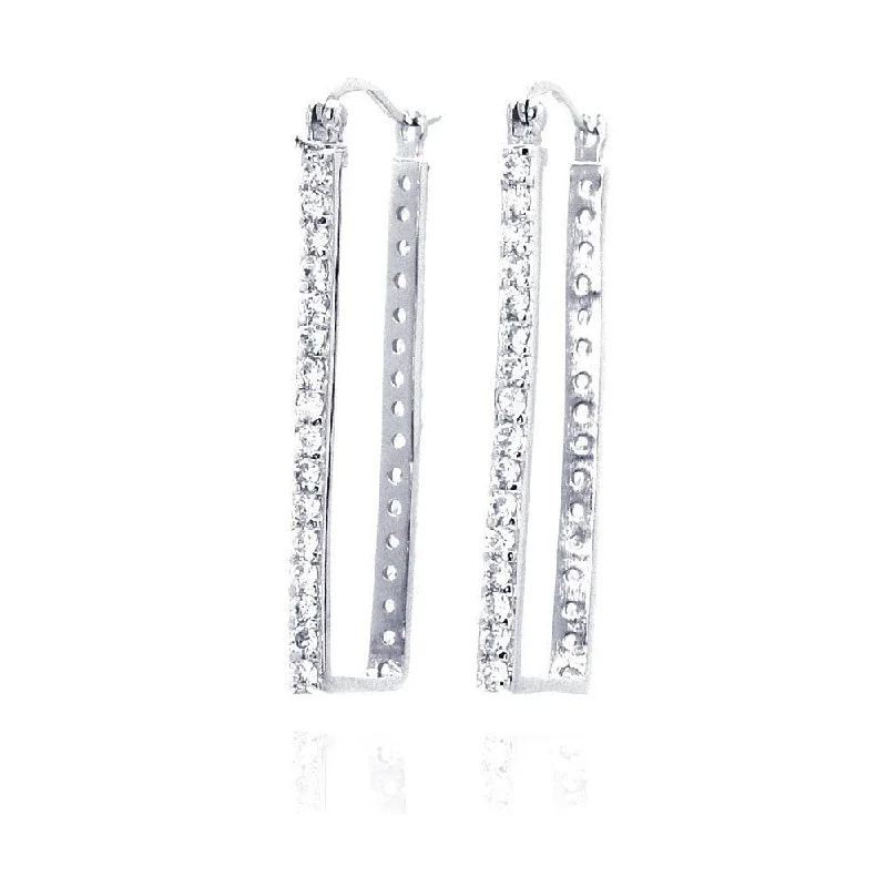 ladies earrings filigree jacket-Clearance-Silver 925 Rhodium Plated CZ Rectangular Hoop Earrings - STE00032