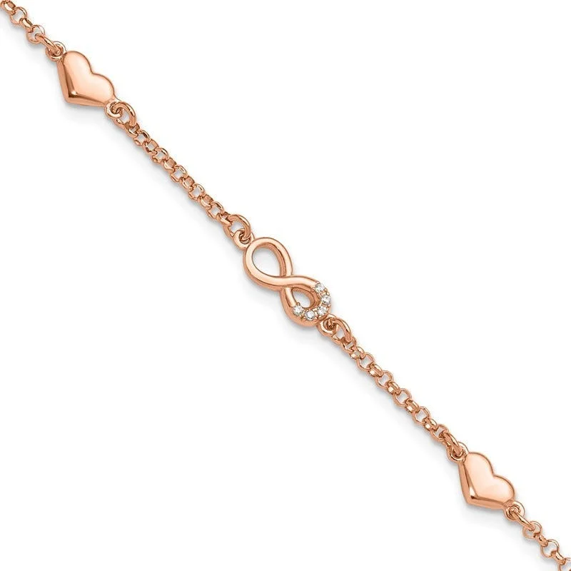 Ladies bracelets titanium durable picks-Sterling Silver Rose Gold-plated Heart CZ Infinity w/.5in ext. Bracelet