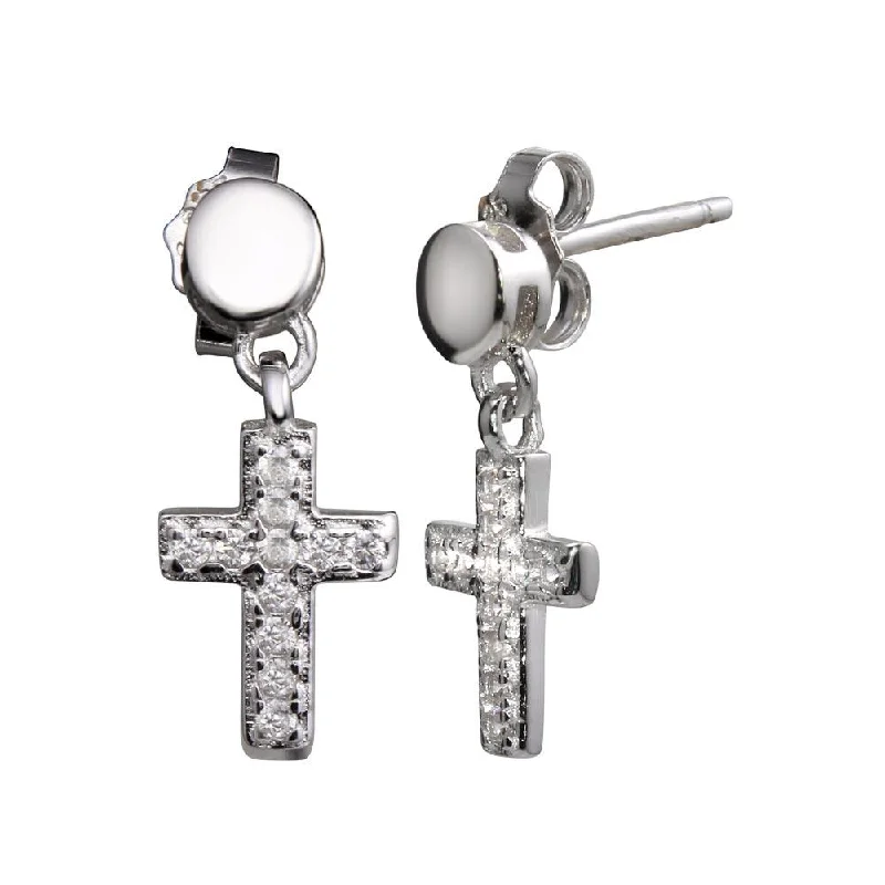 ladies earrings designer cuff-Rhodium Plated 925 Sterling Silver Mini Dangling Cross Earrings - STE01156RH