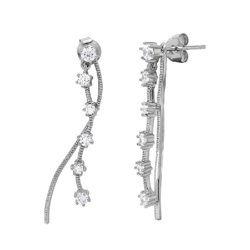 ladies earrings valentine’s symmetrical-Rhodium Plated 925 Sterling Silver Wave CZ Drop Earrings - BGE00498