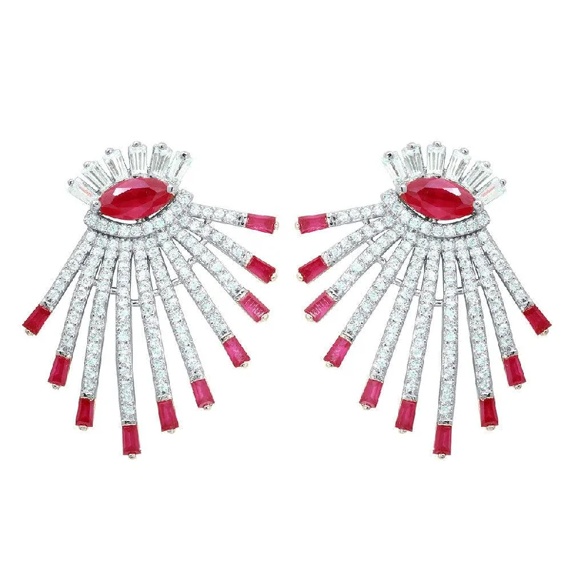 ladies earrings tropical solitaire-Rhodium Plated 925 Sterling Silver Clear and Red CZ Drop Earrings - GME00105RH-RED