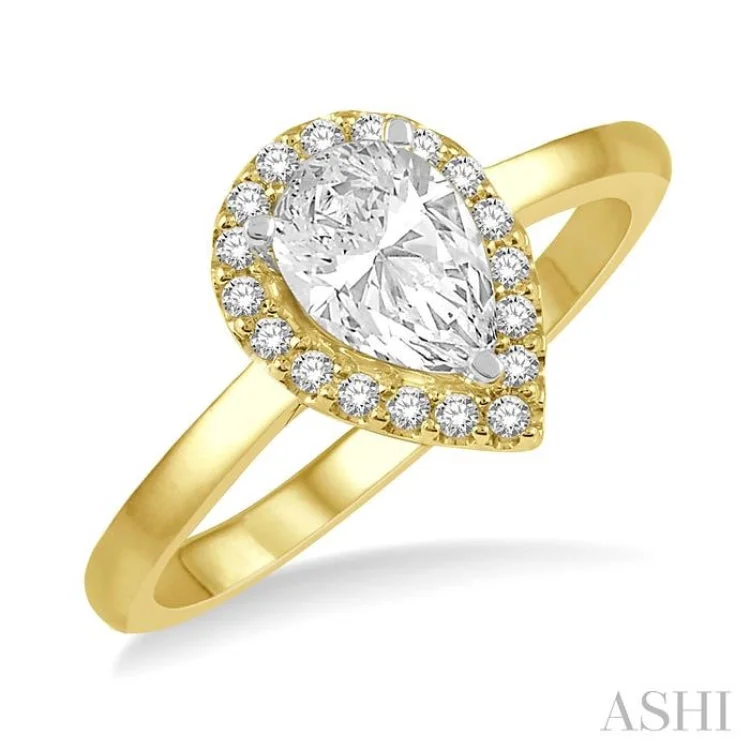 ladies engagement ring celestial conflict-free-1/3 Ctw Round Cut Diamond Halo Engagement Ring With 1/4 ct Pear Cut Center Stone in 14K Yellow and White Gold