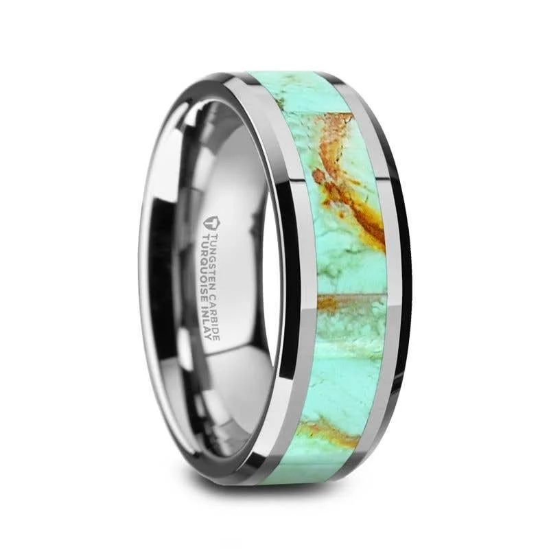 ladies ring elegant oval cut-Thorsten PIERRE Polished Tungsten Wedding Band with Light Blue Turquoise Stone Inlay & Polished Beveled Edges - 8mm - Pierre