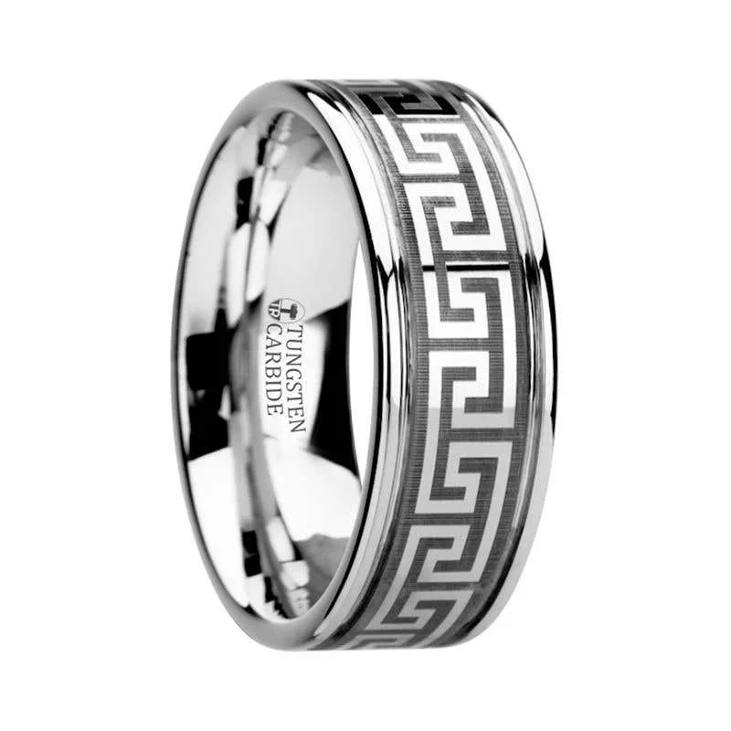 ladies ring designer baguette cut-Thorsten THASOS Grooved Tungsten Carbide Wedding Band with Greek Key Meander Design - 8mm