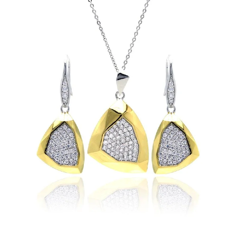 ladies earrings tropical short-Silver 925 Rhodium and Gold Plated Hammered Triangle Clear Pave Set CZ Leverback Earring and Necklace Set - BGS00128