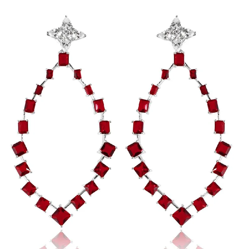 ladies earrings unique multi-stone-Rhodium Plated 925 Sterling Silver Dangling Teardrop Earrings with CZ - GME00102RH-RED