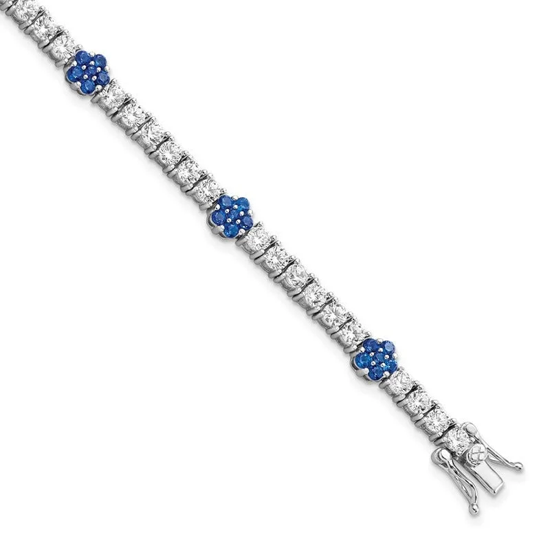 Ladies bracelets pop art bracelets-Sterling Silver Rhodium-plated Cr Blue Spinel & CZ Flower 7in Bracelet