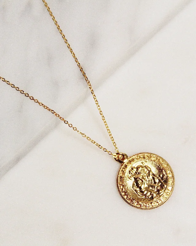 Ladies necklaces Thai intricate designs-14k Gf Round Saint Christopher Necklace