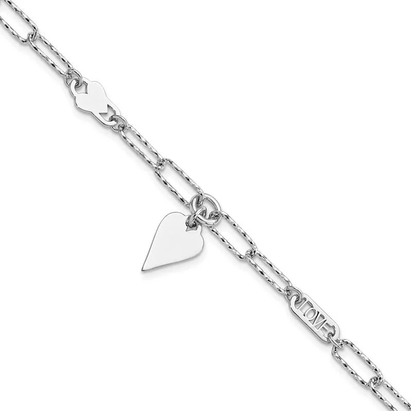 Ladies bracelets spinning band styles-Sterling Silver Rhodium-plated Diamond-cut LOVE/Heart Dangle Bracelet